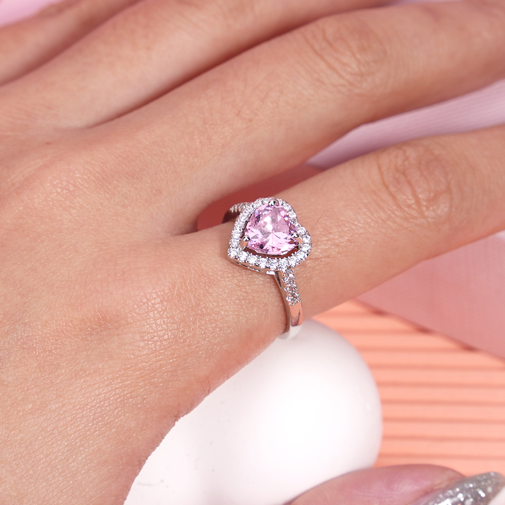 Pink Heart Zircon White Gold Necklace Bracelet Ring and Earrings Four Piece Valentines Jewelry