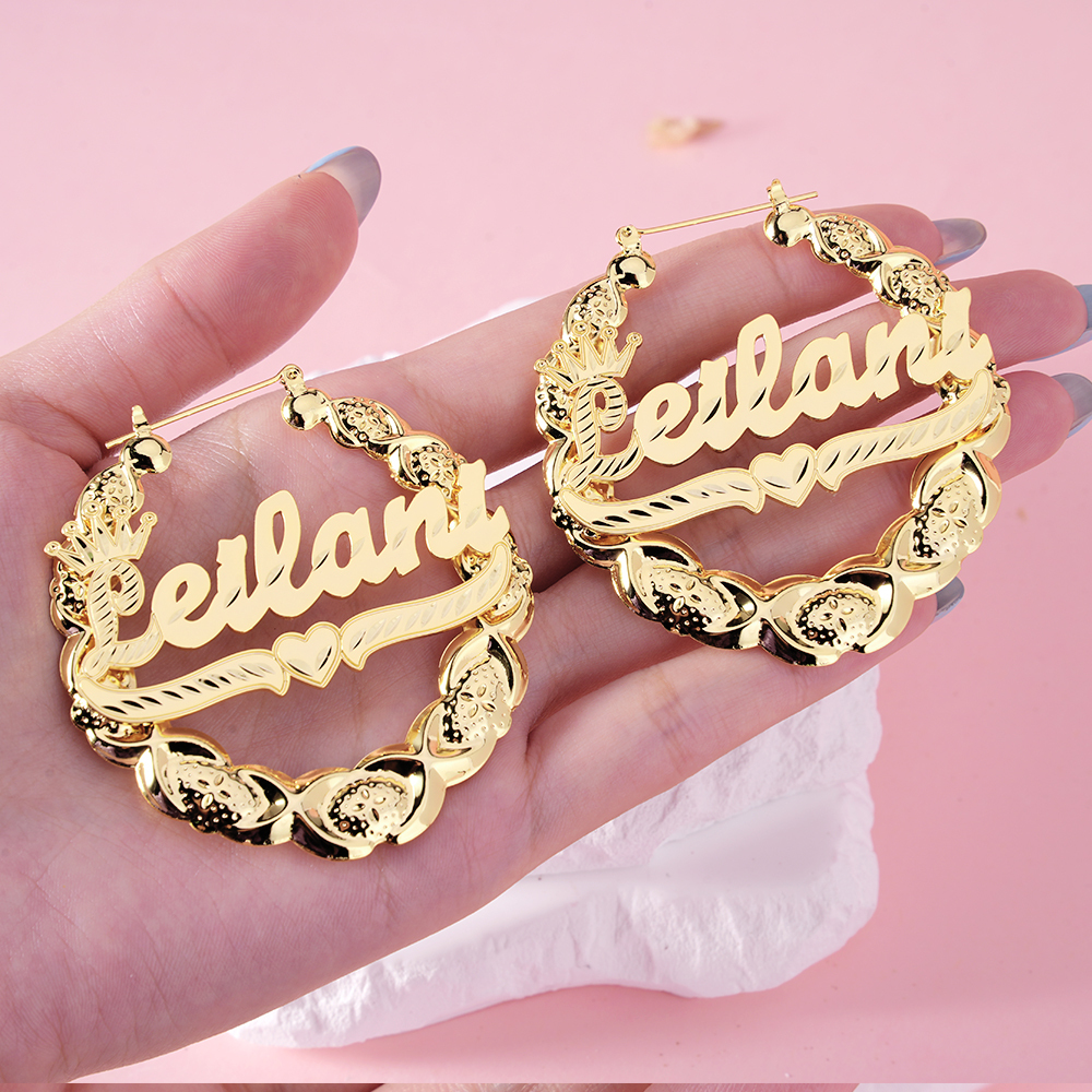 XOXO Bamboo Earrings with Crown Heart Personalized Custom Gold Plated Name Earrings