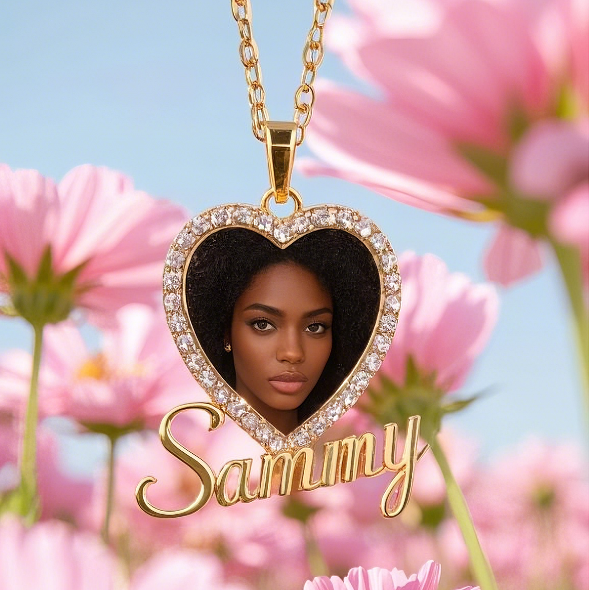 Custom Heart Shaped Zirconia Photo Pendant Name Necklace