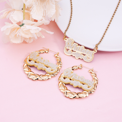 Acrylic Nameplate with Crown and Swirls Heart Personalized Custom Jewelry Set Name Necklace and XOXO Bamboo Name Earrings