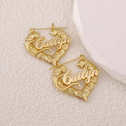 Heart Shaped Custom Bamboo Name Earrings