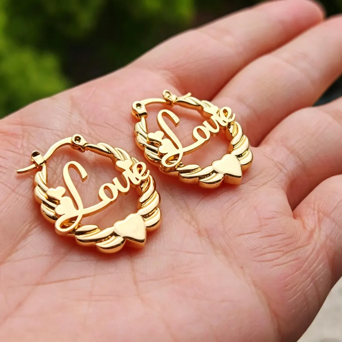 Personalized Heart Nameplate Twisted Hoop Earrings Gold Plated