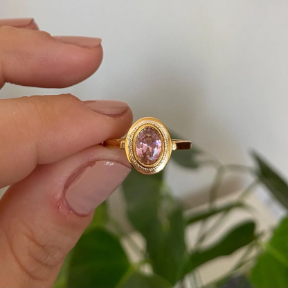 Vintage Pink Tourmaline Oval Cut Crystal Ring Engraving Inner Ring