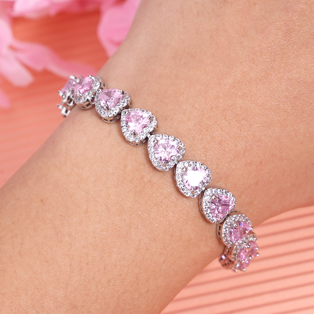 Pink Heart Zircon White Gold Necklace Bracelet Ring and Earrings Four Piece Valentines Jewelry
