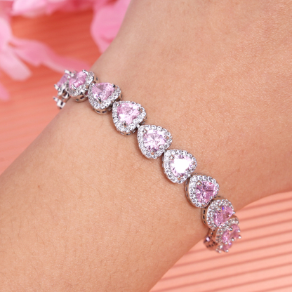 Pink Heart Zircon White Gold Necklace Bracelet Ring and Earrings Four Piece Valentines Jewelry