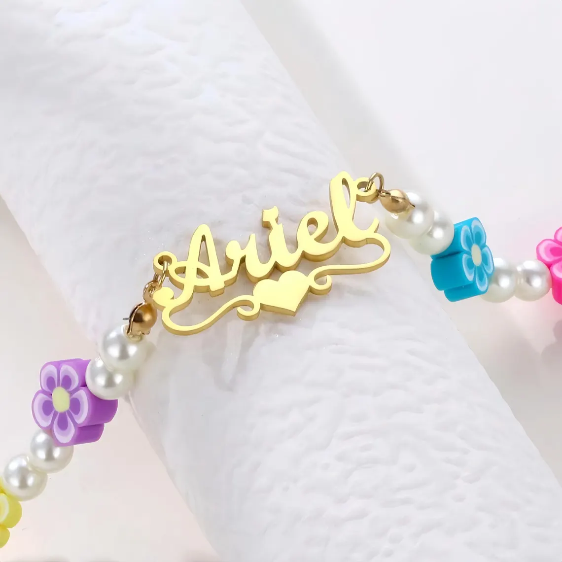 Heart Nameplate Pendant Pearl Chain with Colorful Flower Beads