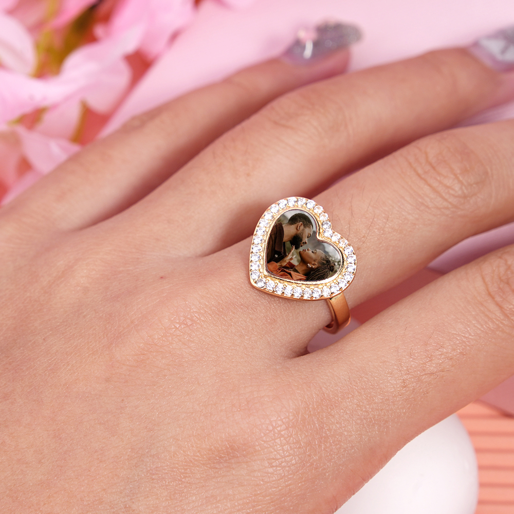 Heart Shaped Photo Gold Plated Personalized Custom Engraved Ring Couple Ring