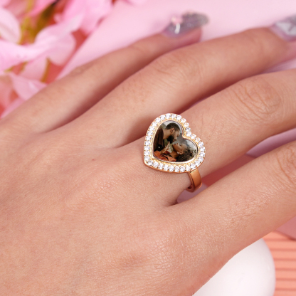 Heart Shaped Photo Gold Plated Personalized Custom Engraved Ring Couple Ring