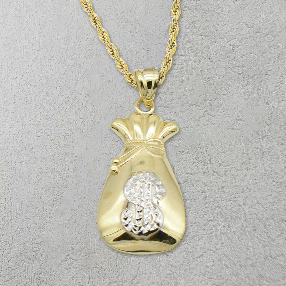 Textured Dollar Money Bag Pendant Gold Plated Necklace