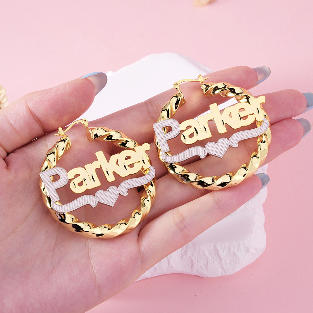 Two Tone Twist Hoop Name Earrings With Heart