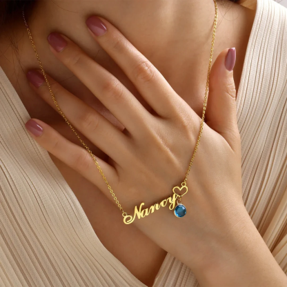 Gold Plated Personalized Heart Name Necklace with Birthstone Pendant