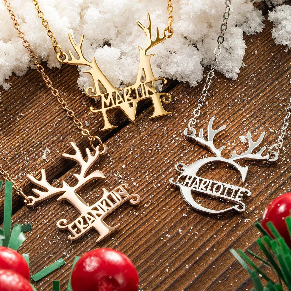 Chirstmas Elk Big Initial with Nameplate Necklace Holiday Gifts