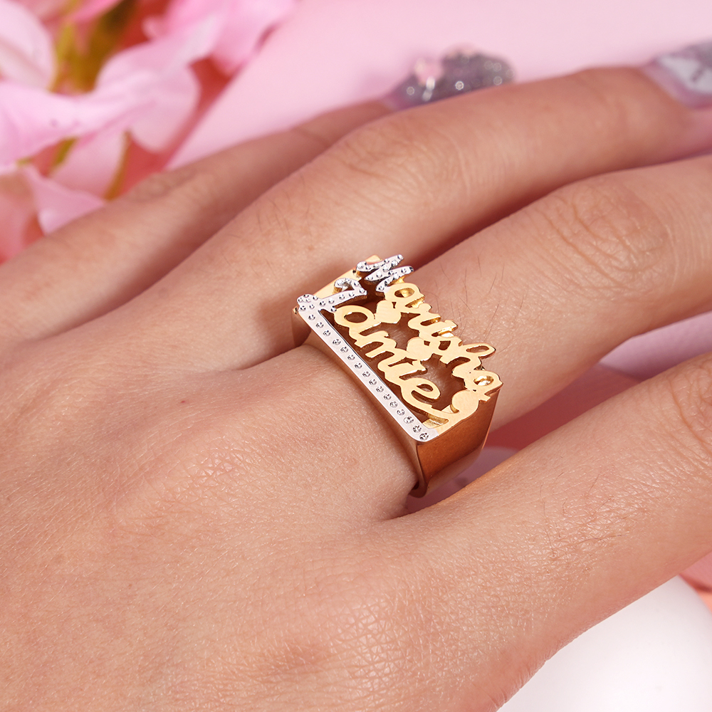 Two Tone Two Names Heart Personalized Custom Gold Plated Name Ring