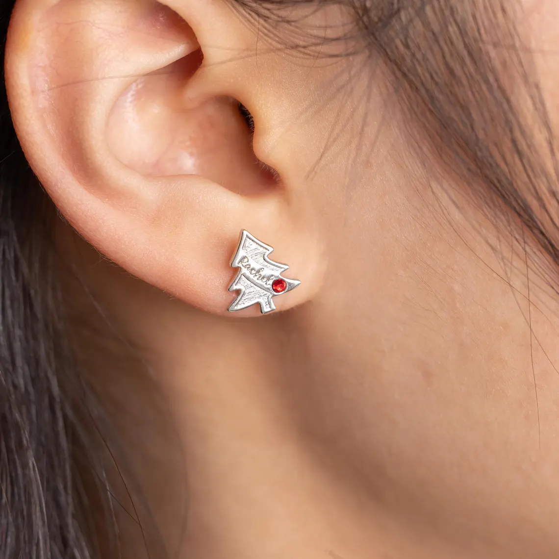 Christmas Tree Personalized Nameplate with Birthstone Stud Earrings