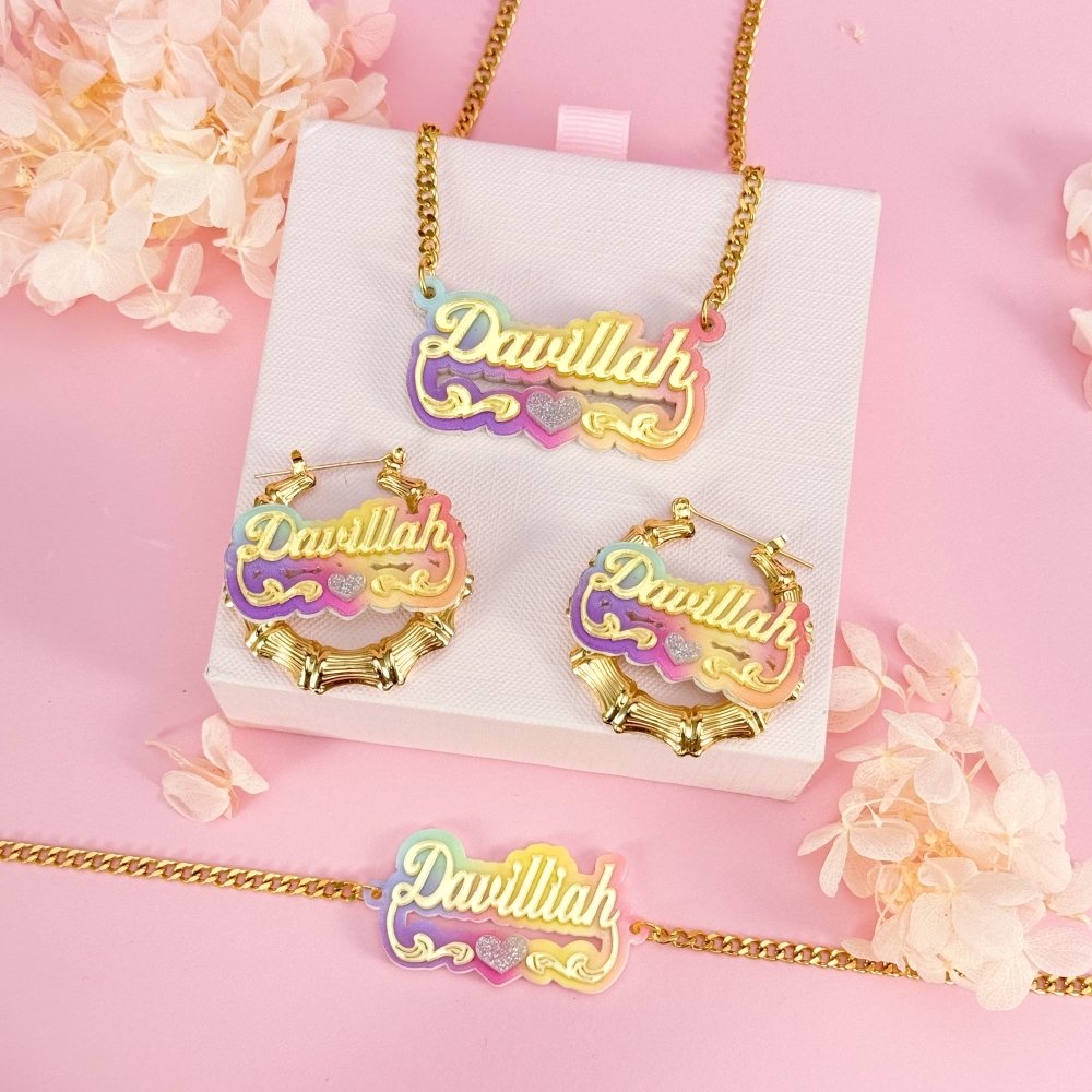 Personalized Colorful Acrylic Jewelry Set Custom Name Necklace and Bamboo Earrings