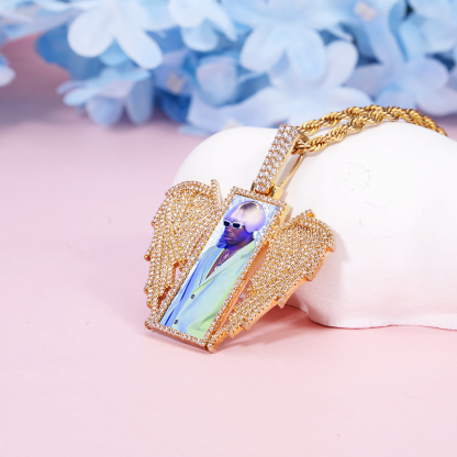 Angel Wings Rectangular Photo Frame Pendant Custom Necklace with Zircon Hip Hop Style