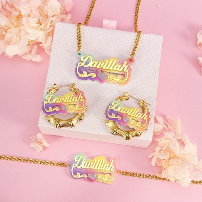Acrylic Personalized Colorful Heart Name Necklace Bracelet Earrings Jewelry Set 3pcs