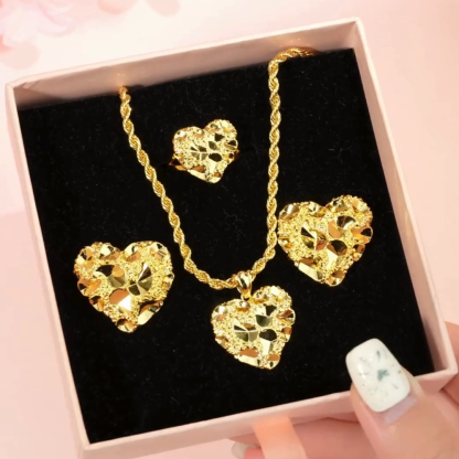 Gold Plated Nugget Love Heart Set Personalized Name Ring And Necklace Stud Earrings
