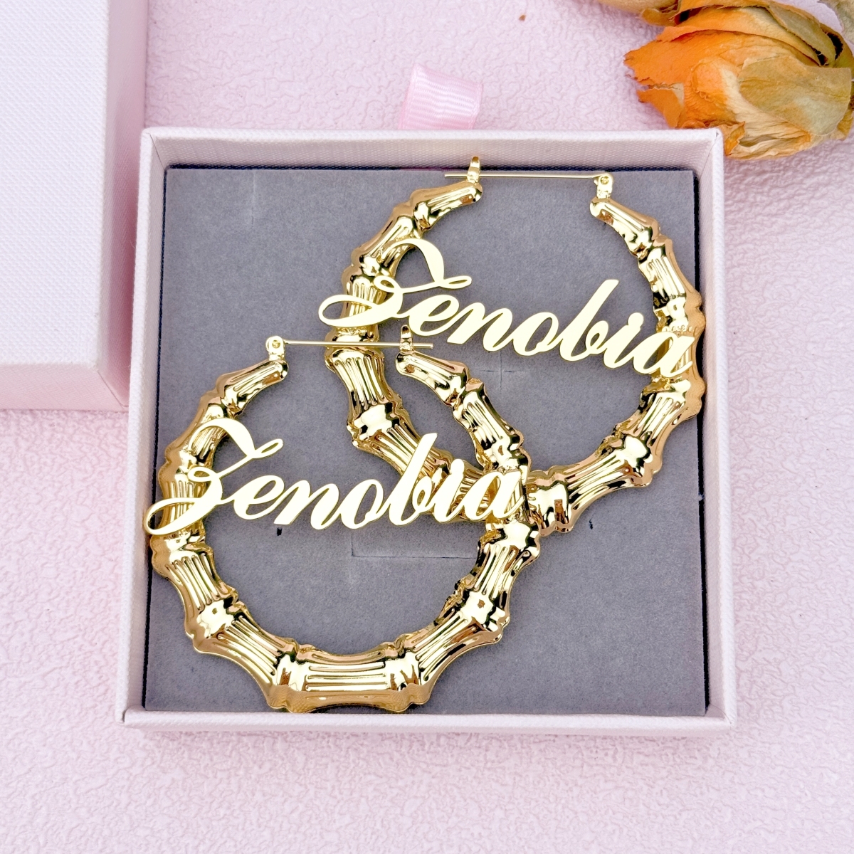 Gold Plated Personalized Custom Bamboo Hoop Name Earrings