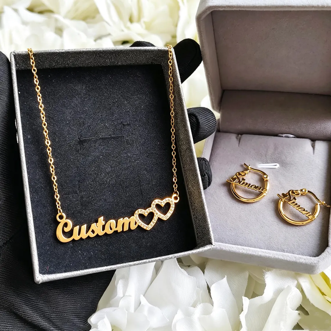 Personalized Hearts Name Necklace Hoop Earrings Set