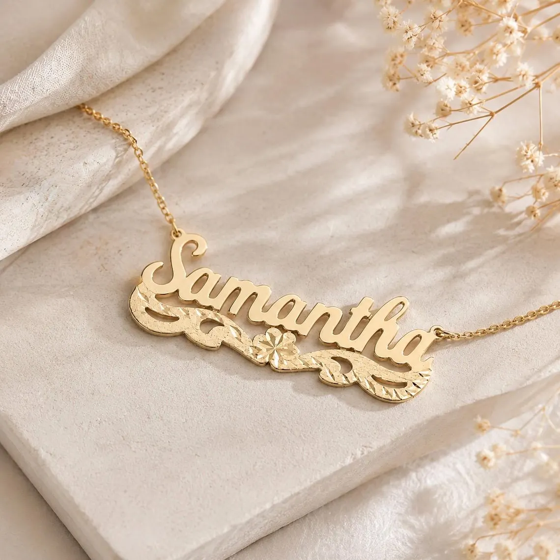 Custom Diamond Cut Flower Nameplate Necklace