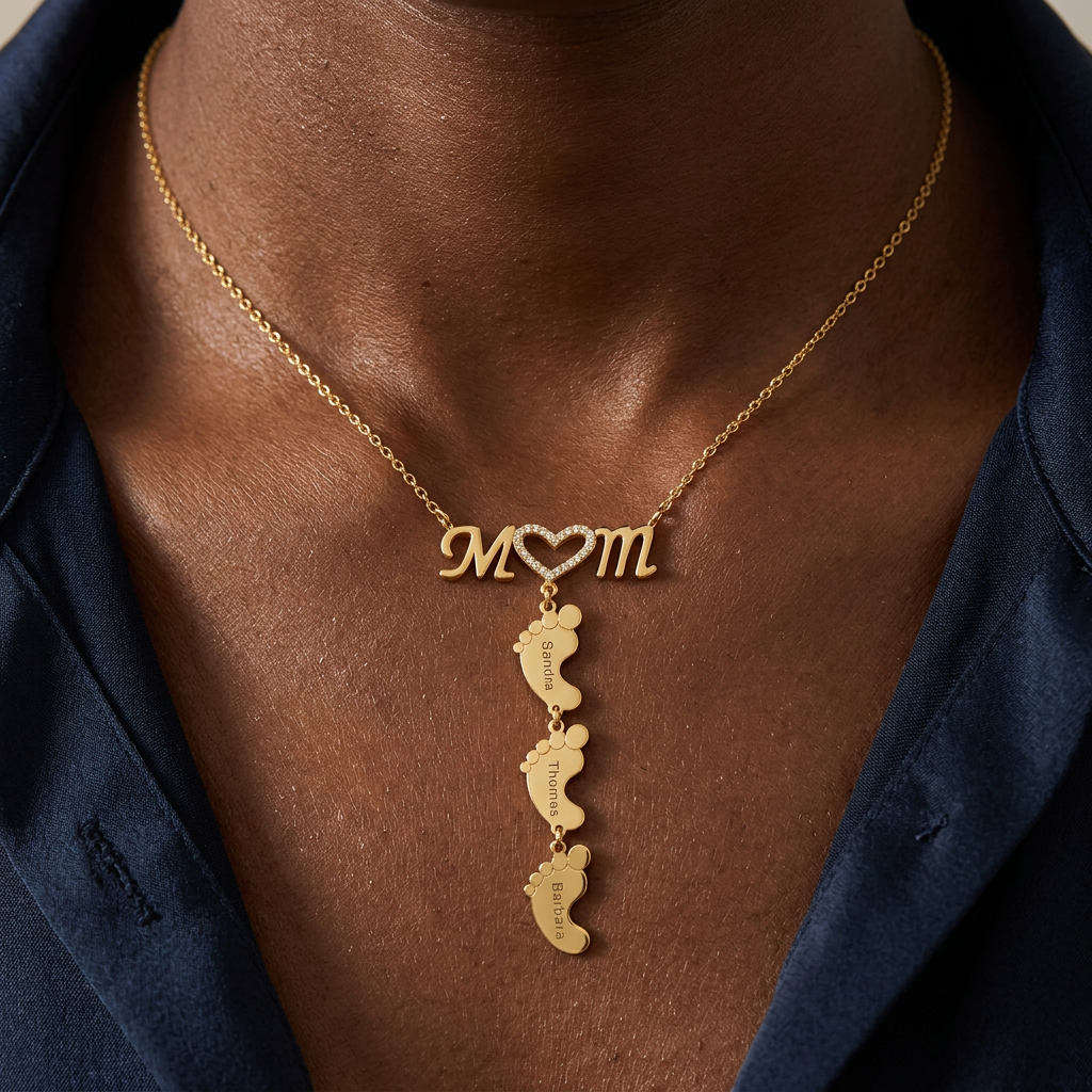 Mom and Baby Feet Personalized Custom 1 to 5 Name Necklace Gold Plated Jewelry Mother's Day Gift for Mom Women