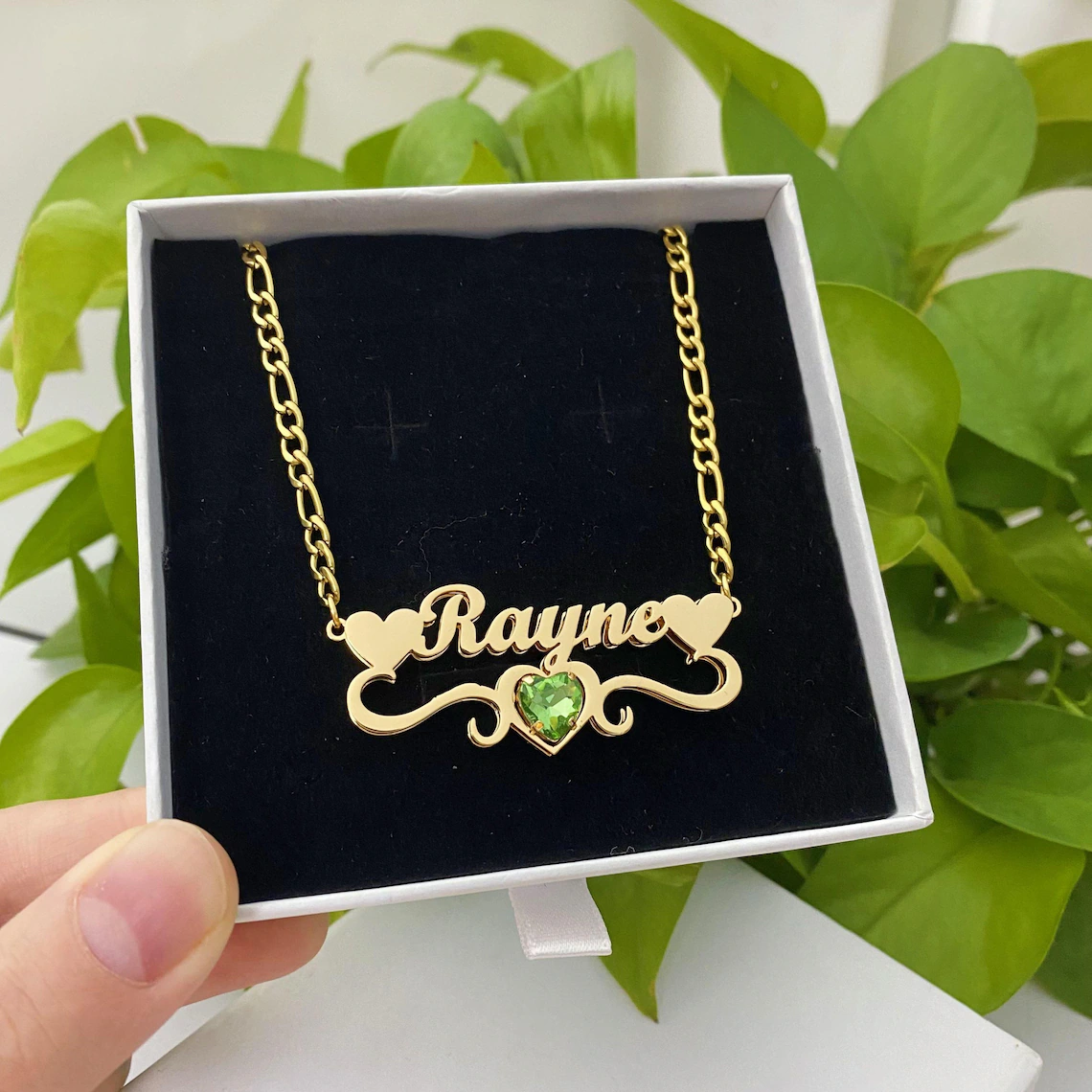 Personalized Three Hearts Birthstone Double Plate Name Necklace