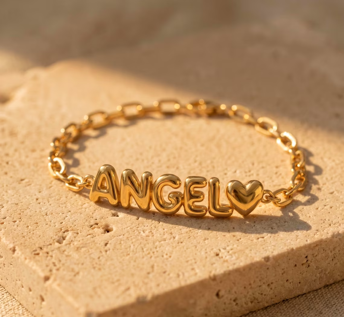 Custom Bubble Letter Puff Link Chain Heart Charm Name Bracelet