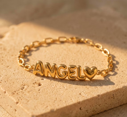Custom Bubble Letter Puff Link Chain Heart Charm Name Bracelet