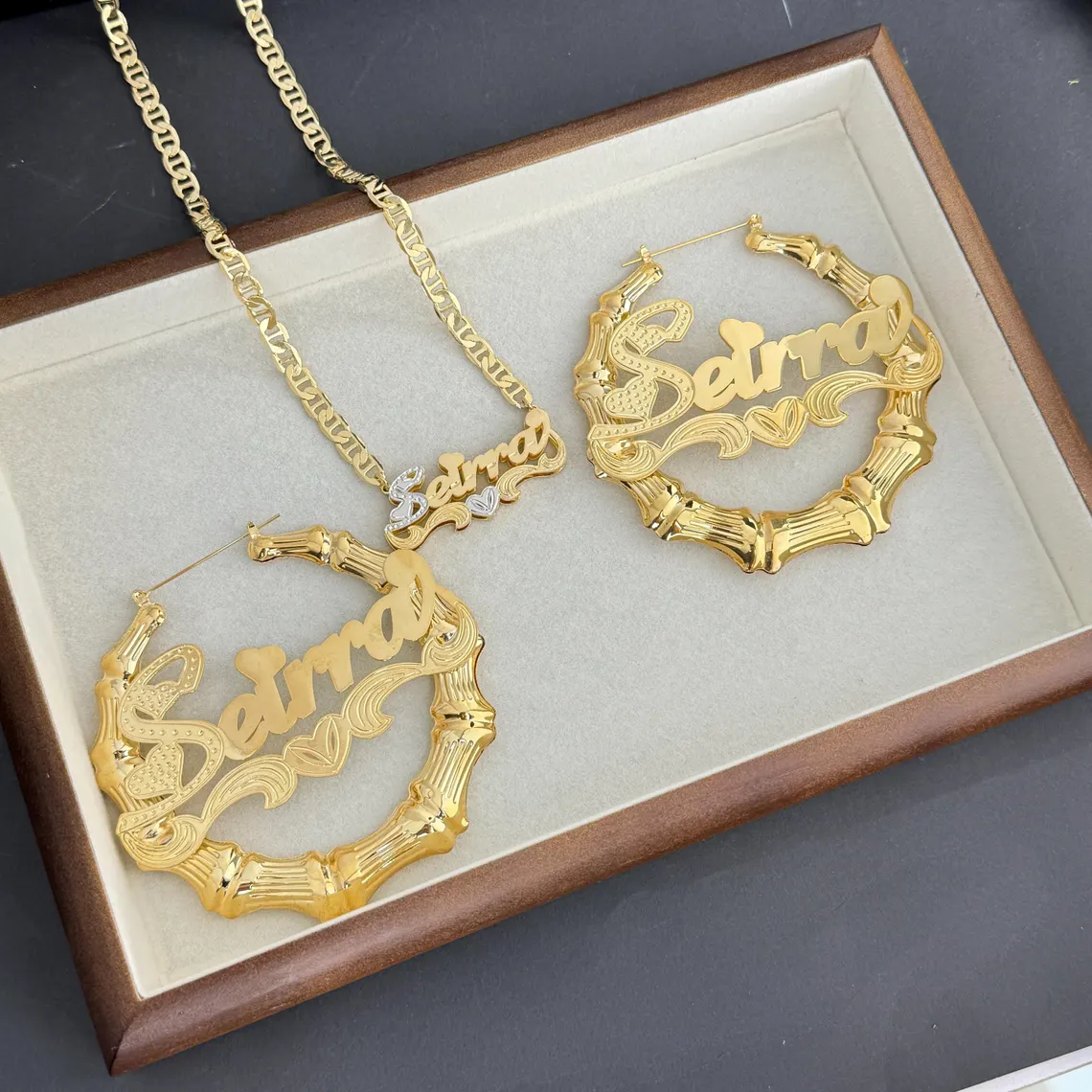 Personalized Snake Chain Name Necklace and Bamboo Heart Name Earrings