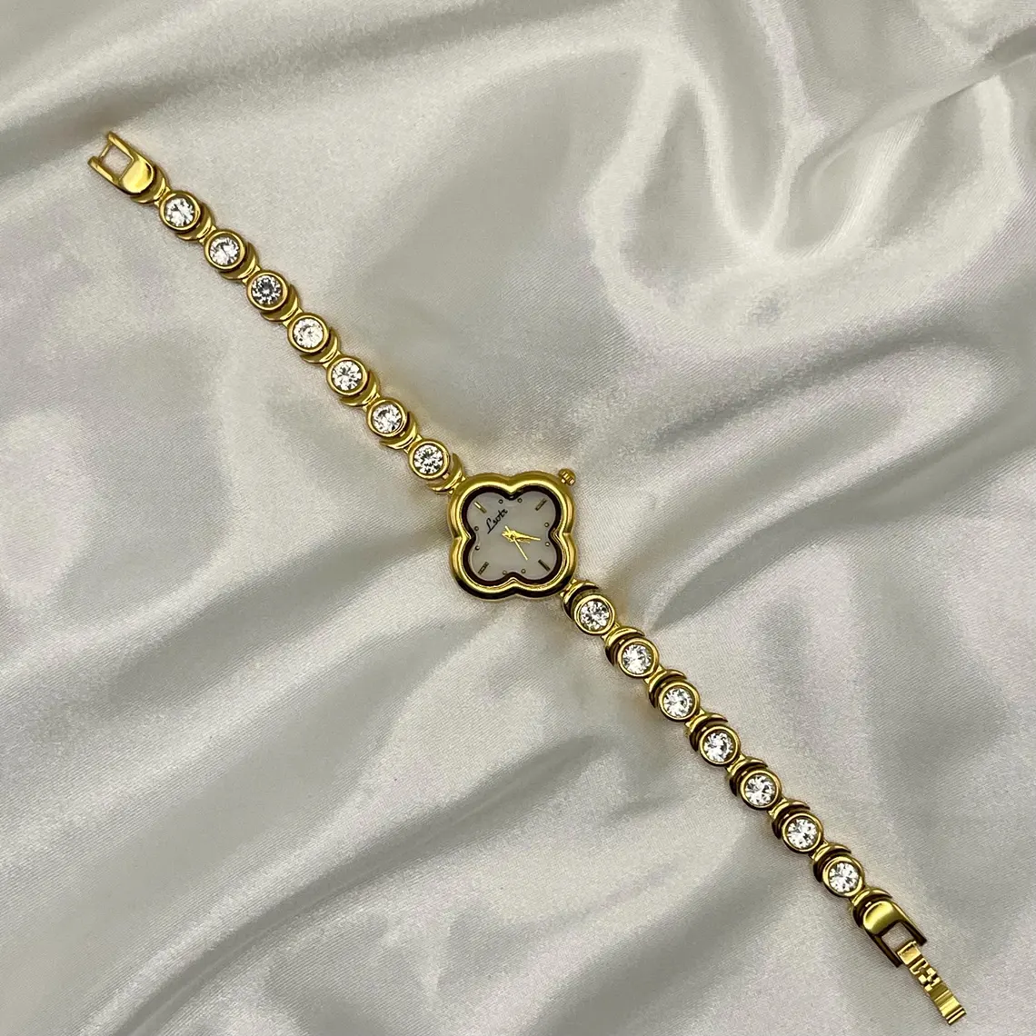 Woman Dainty Gold Plated Clover Crystal Bangle Bracelet Watch