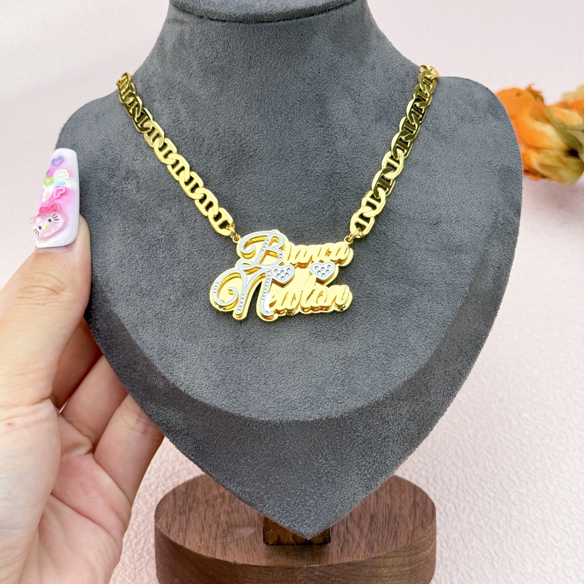 Two Hearts Two Tone Double Plate Couple Name Necklace