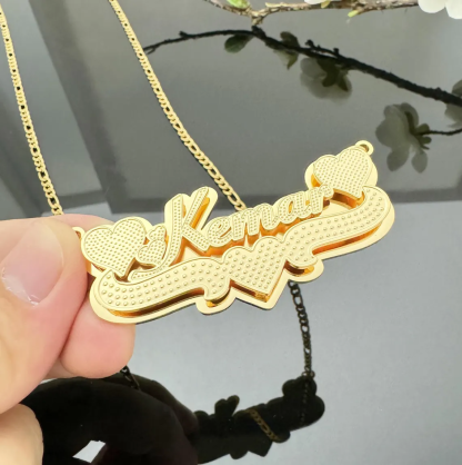 Custom Double Plated Two Heart 3D Name Necklaces