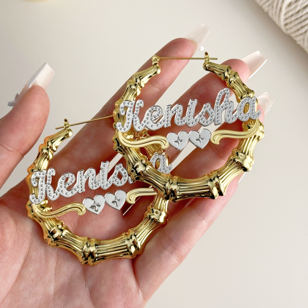 Personalized Two Tone Heart Name Bamboo Earrings