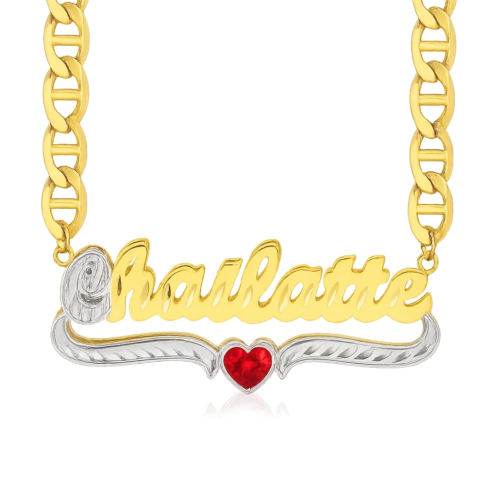Custom Double Plated Two Tone Name Necklace With Birthstone And Heart