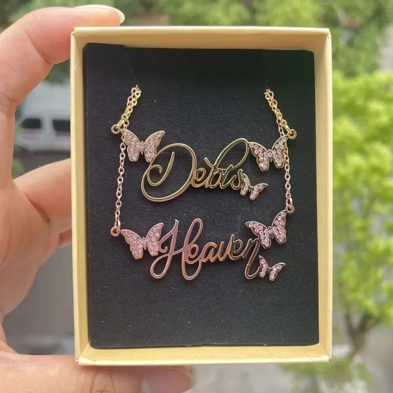 Butterfly Name Necklace & Bracelet Personalized Gold Jewelry Set