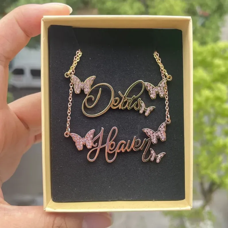 Butterfly Name Necklace & Bracelet Personalized Gold Jewelry Set