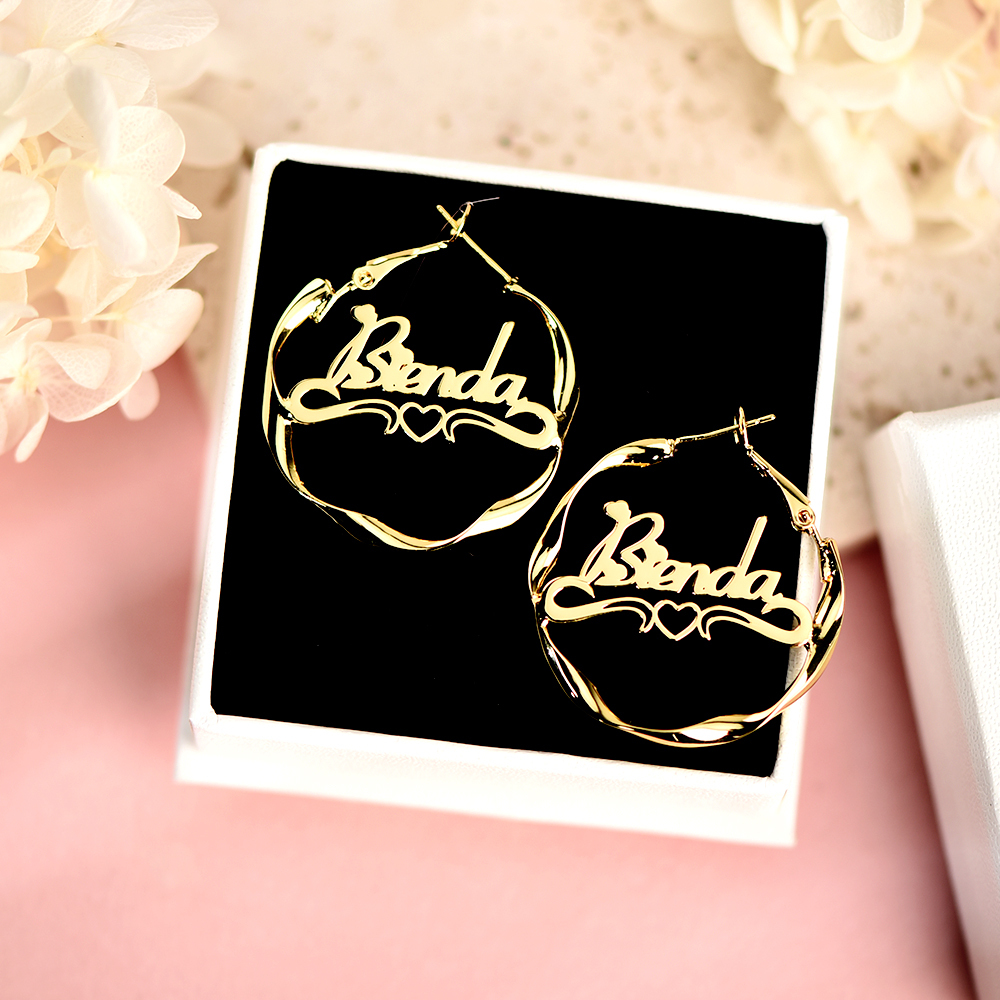 30mm Personalized Custom Heart Mini Nameplate Twist Hoop Earrings