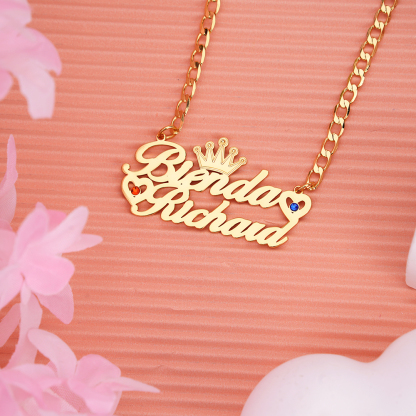 Couples Name With Crown Heart And Birthstone Personalized Custom Gold Plate Name Necklace