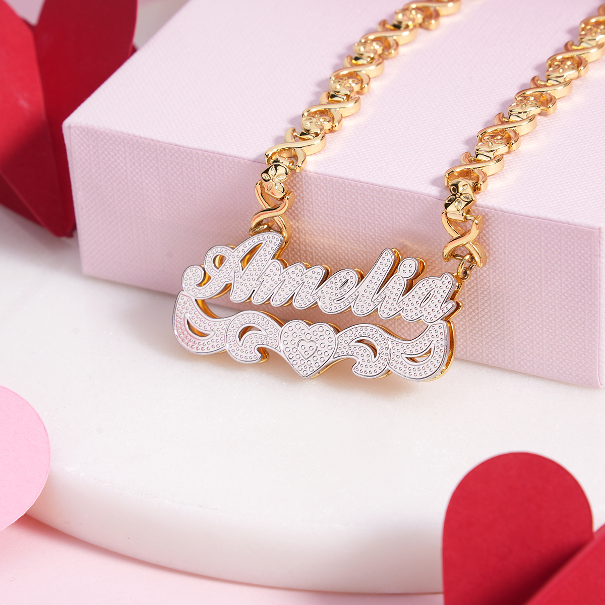 Double Layer Two Tone with Love Heart Gold Plated Personalized Custom 3D Name Necklace