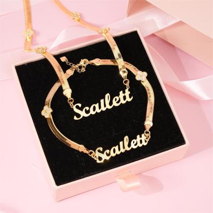 Personalized Snake Chain Four-leaf Clover Set Name Necklace And Name Bracelet 