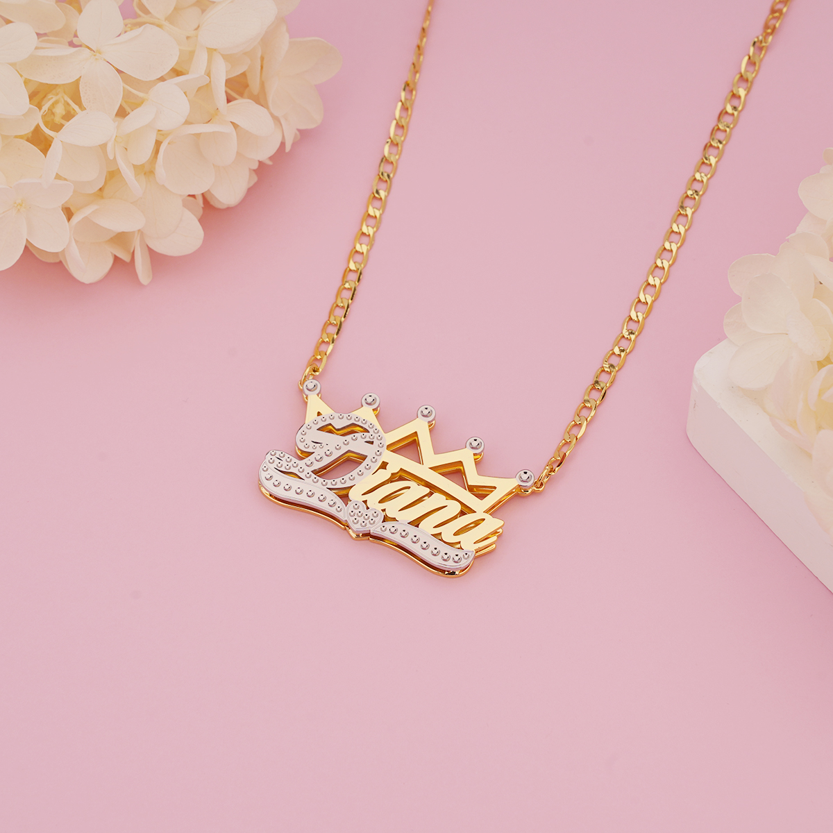 Double Layer Crown Nameplated Personalized Name Necklace And Name Bracelet 2pc Set