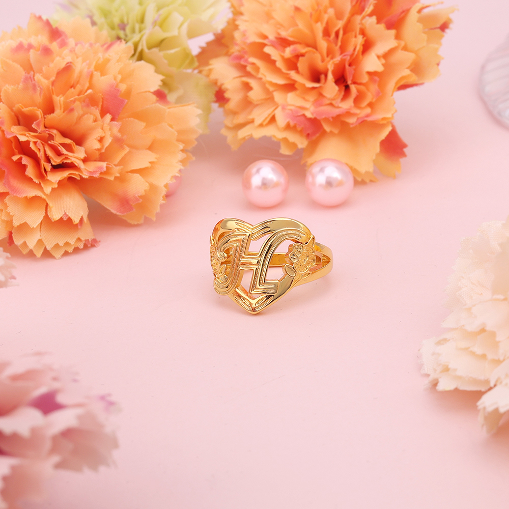 Personalized Flower Heart Initial Letter Ring Custom Ring