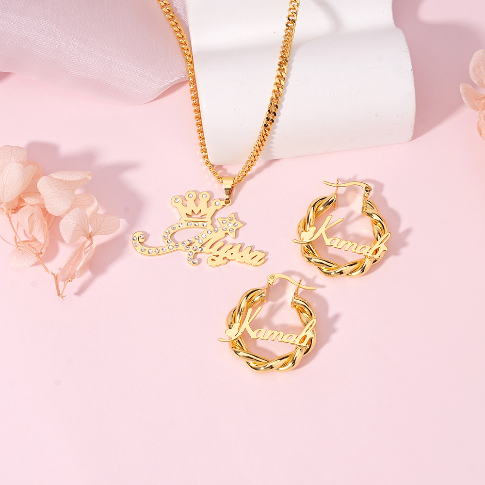 Personalized Custom Gold Plated Crown Name Necklace Mini Hoop Earrings Set For Kids