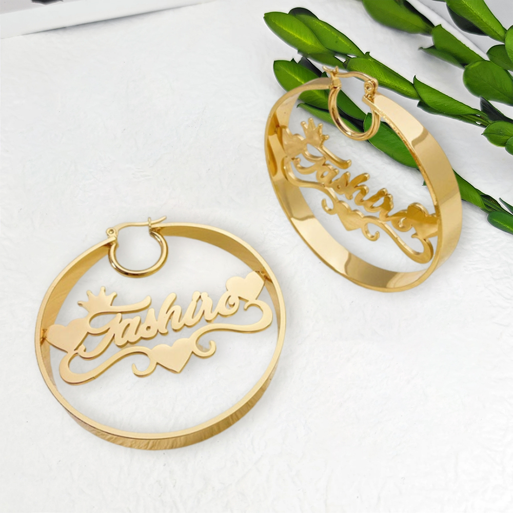 Heart Shaped Nameplated Pendant Custom Name Hoop Earrings