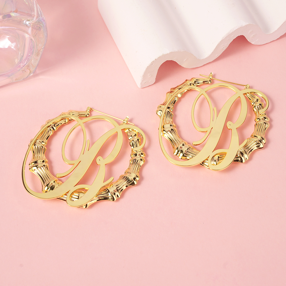 Personalized Custom Gold Plated Initial A-Z Letter Bamboo Name Earrings Gift For Her