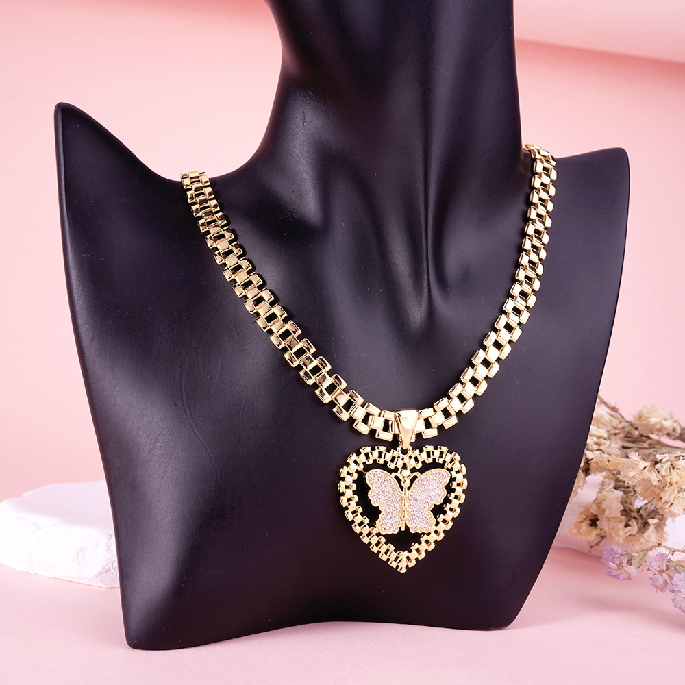 Heart Pendant With Butterfly Rx Watch Band Chain Necklace