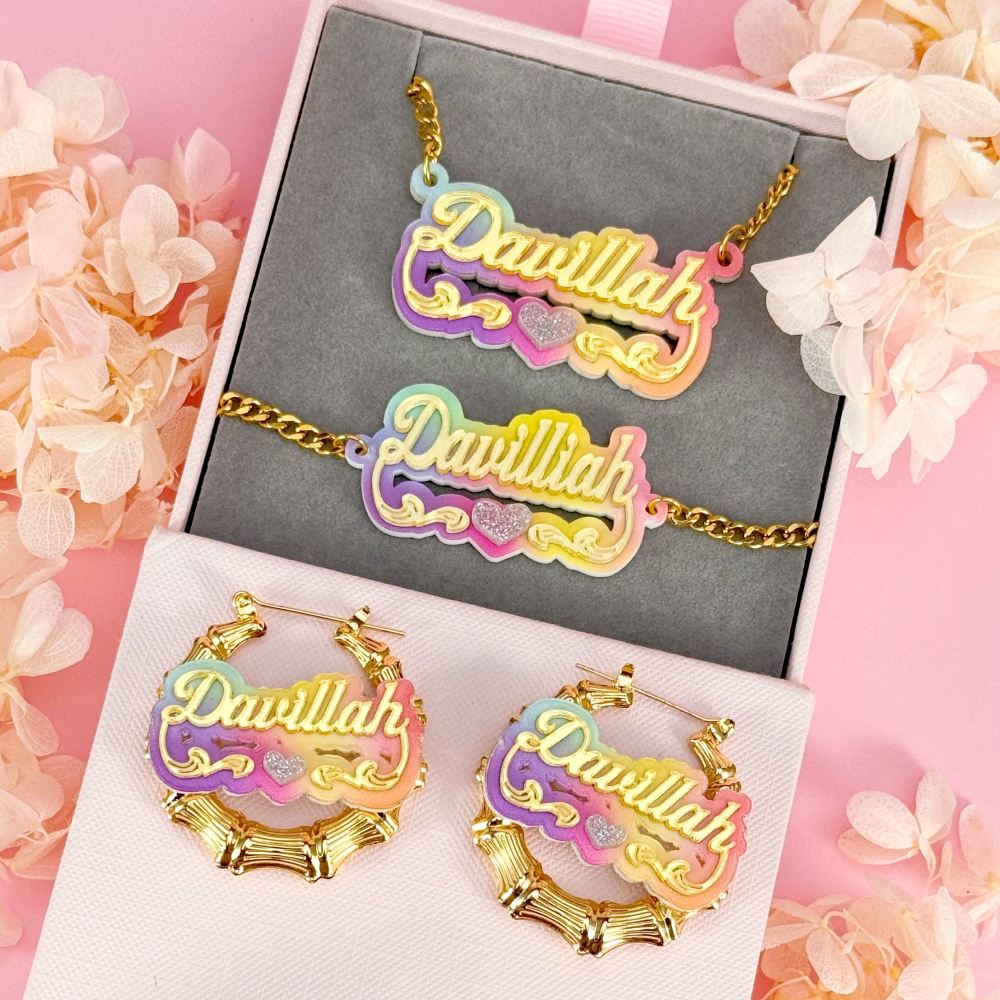 Acrylic Personalized Colorful Heart Name Necklace Bracelet Earrings Jewelry Set 3pcs