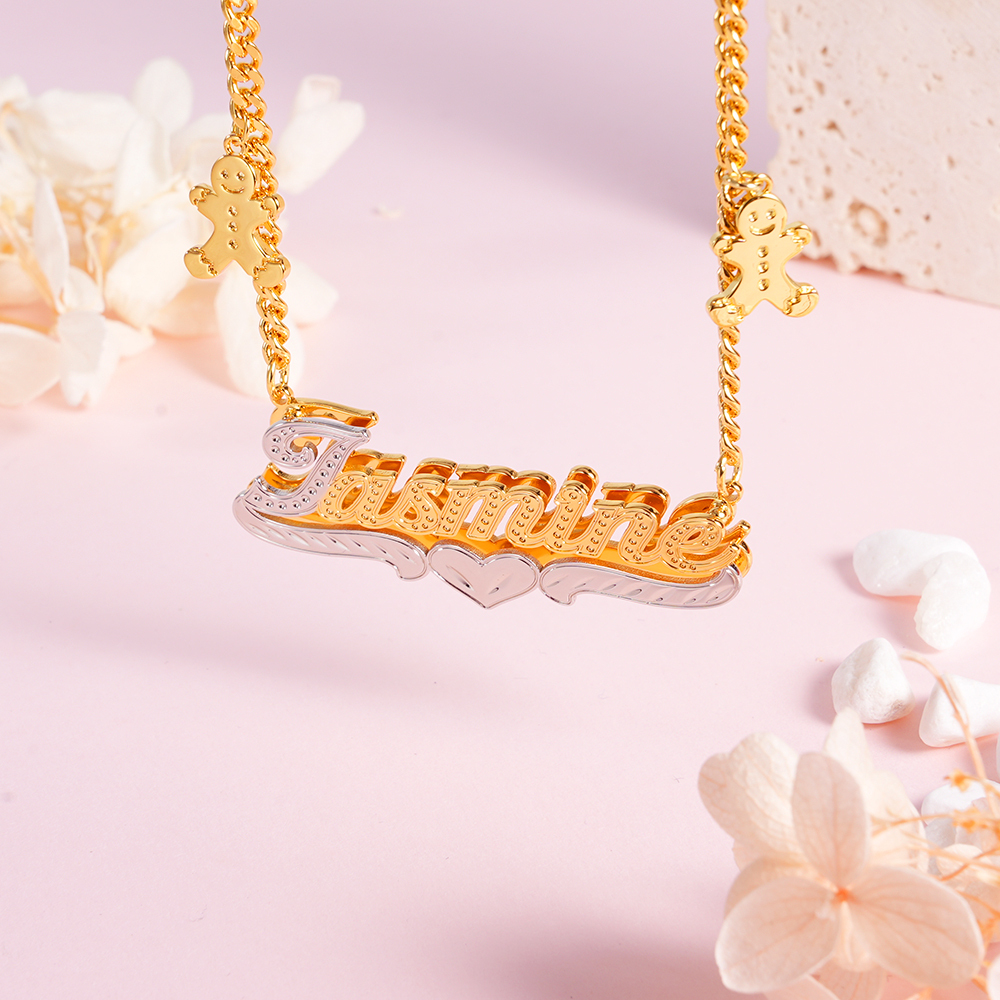 Double Plate Personalized Cuban Chain with Gingerbread Man Name Necklace