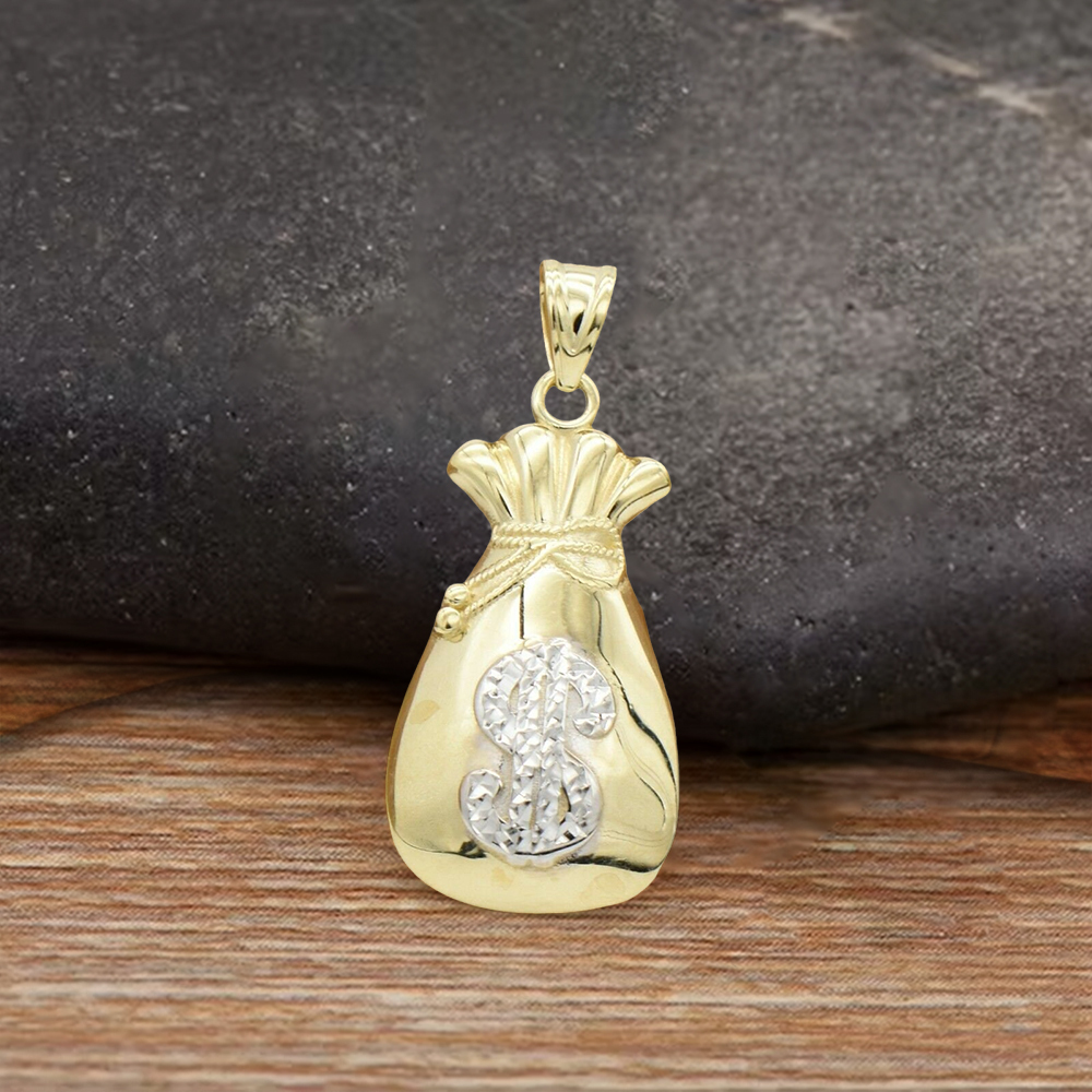 Textured Dollar Money Bag Pendant Gold Plated Necklace